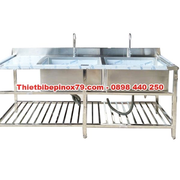Bồn Rửa Tay Inox 2 Hộc Có Chân Kèm Kệ Dưới