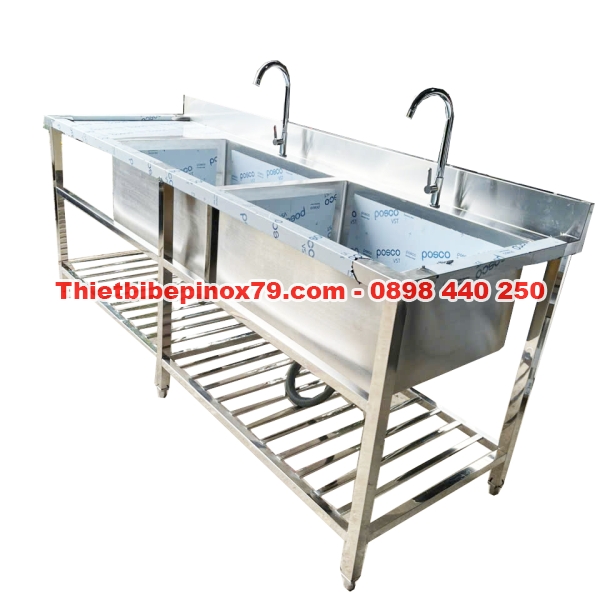 Bồn Rửa Tay Inox 2 Hộc Có Chân Kèm Kệ Dưới