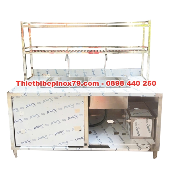 Bồn Rửa chén Inox 304 2 Ngăn Có Chân Kèm Kệ Trên Và Tủ Để Đồ