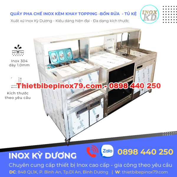 Quầy Bar Pha Chế Inox Đa Năng Kèm Khay Topping và Bồn Rửa
