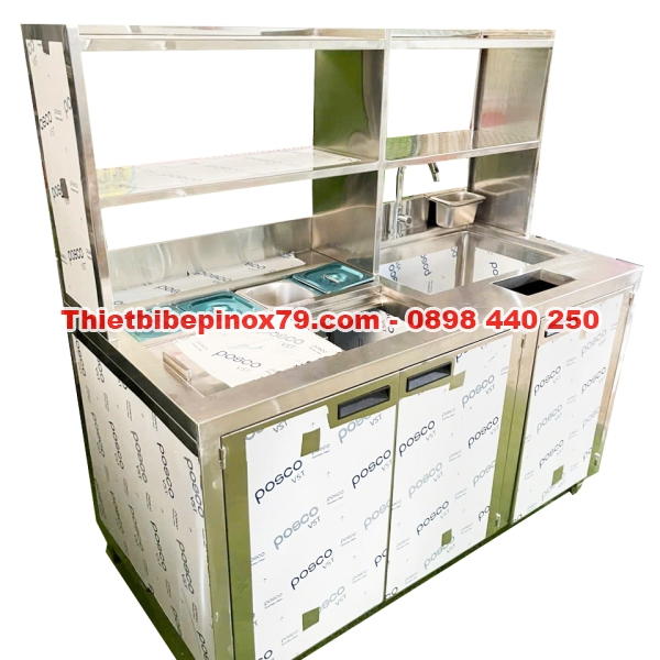 QUẦY PHA CHẾ TRÀ SỮA CÓ THÙNG ĐÁ KHAY TOPPING