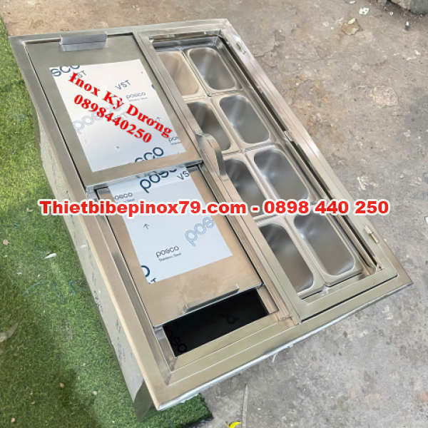 THÙNG ĐÁ INOX 304 CAO CẤP KÈM 8 KHAY TOPPING 1/9 GIÚP TRƯNG BÀY ĐA DẠNG, THU HÚT KHÁCH HÀNG