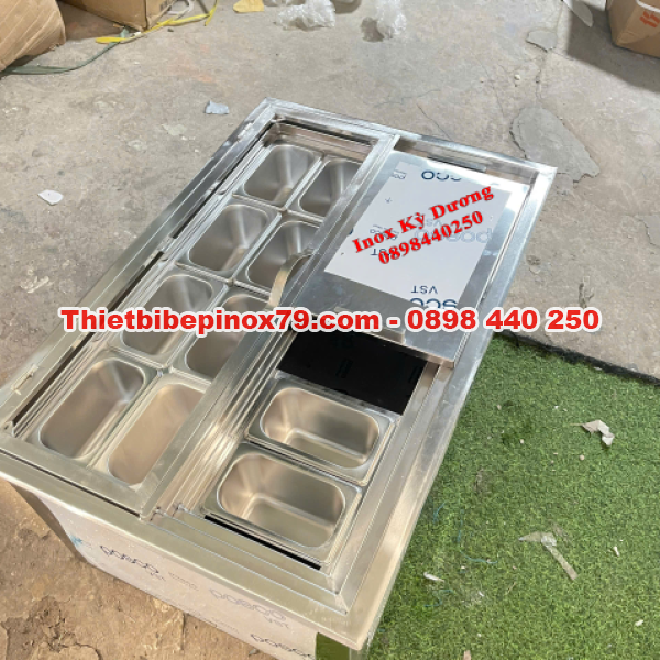 THÙNG ĐÁ INOX 304 CAO CẤP KÈM 8 KHAY TOPPING 1/9 GIÚP TRƯNG BÀY ĐA DẠNG, THU HÚT KHÁCH HÀNG