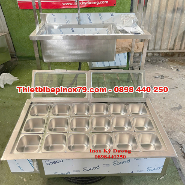 THÙNG ĐÁ INOX 304 ÂM QUẦY KÈM KHAY TOPPING NẮP KÍNH CAO CẤP CHO QUẦY PHA CHẾ