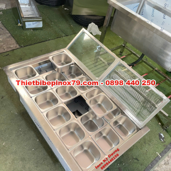 THÙNG ĐÁ INOX 304 ÂM QUẦY KÈM KHAY TOPPING NẮP KÍNH CAO CẤP CHO QUẦY PHA CHẾ