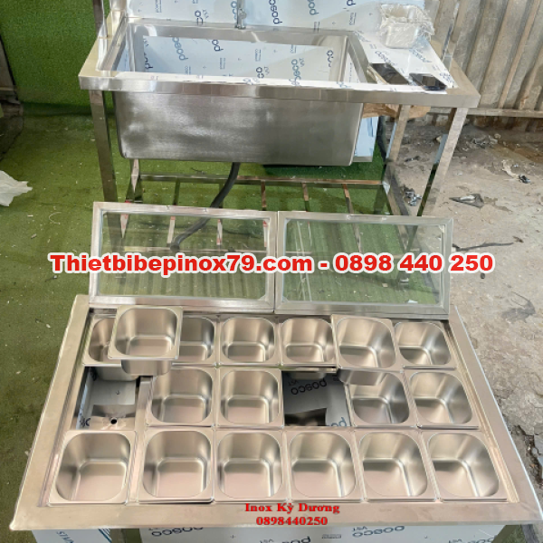 THÙNG ĐÁ INOX 304 ÂM QUẦY KÈM KHAY TOPPING NẮP KÍNH CAO CẤP CHO QUẦY PHA CHẾ