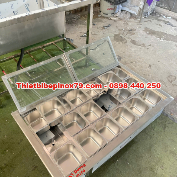 THÙNG ĐÁ INOX 304 ÂM QUẦY KÈM KHAY TOPPING NẮP KÍNH CAO CẤP CHO QUẦY PHA CHẾ