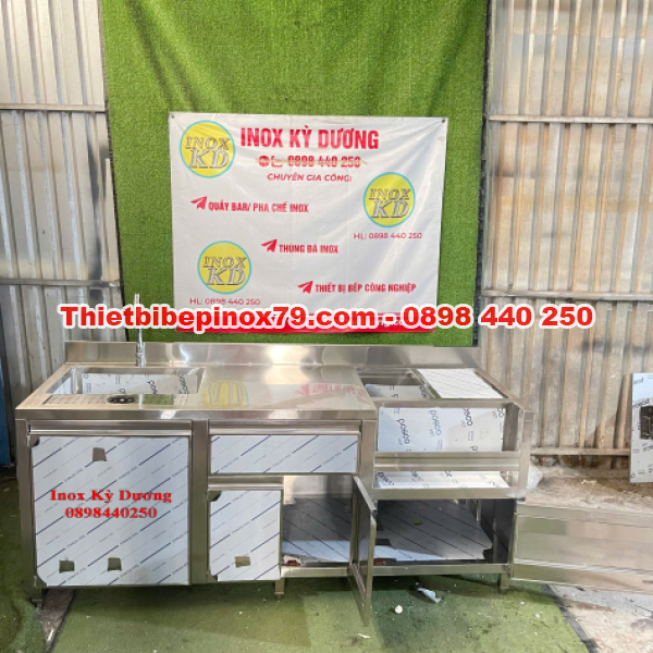 QUẦY PHA CHẾ INOX 304 TÍCH HỢP ĐẦY ĐỦ CHẬU RỬA, THÙNG ĐÁ, KHAY SI-RUP VÀ HỆ TỦ LƯU TRỮ CAO CẤP