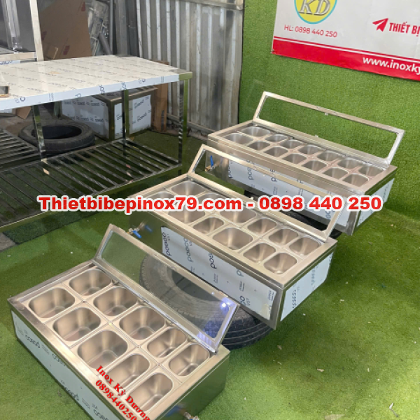 THÙNG ĐÁ INOX 304 KHAY TOPPING NẮP KÍNHTRONG SUỐT CHO QUÁN TRÀ SỮA VÀ QUÁN CHÈ