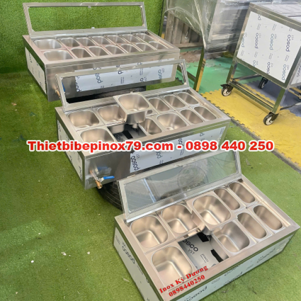 THÙNG ĐÁ INOX 304 KHAY TOPPING NẮP KÍNHTRONG SUỐT CHO QUÁN TRÀ SỮA VÀ QUÁN CHÈ
