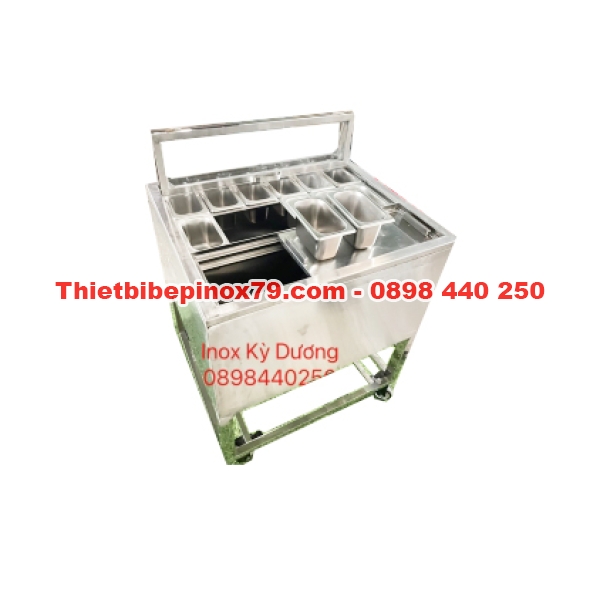 THÙNG ĐÁ INOX 304 CÓ CHÂN BÁNH XE KÈM 12 KHAY TOPPING 1 LÍT