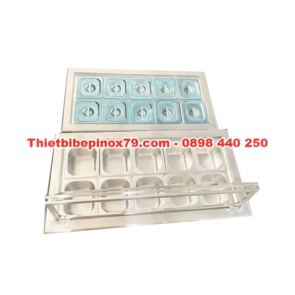 THÙNG ĐÁ INOX 304 GIỮ LẠNH 10 LOẠI TOPPING ÂM MẶT QUẦY