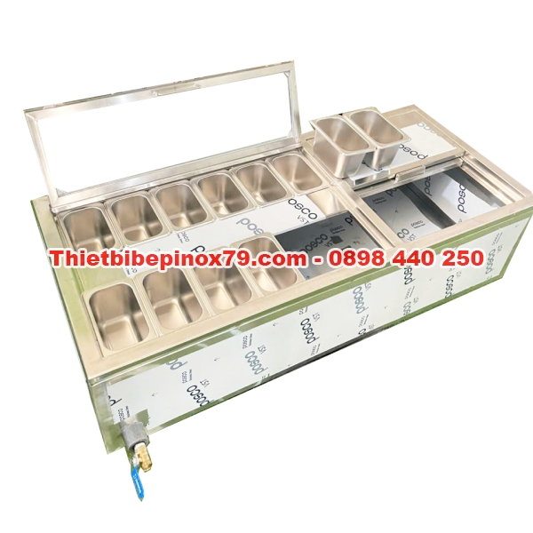 THÙNG ĐÁ INOX CÓ 12 KHAY TOPPING ĐẶT TRÊN MẶT BÀN