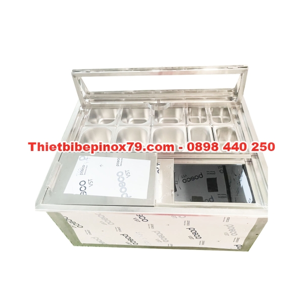 THÙNG ĐÁ INOX 304 ÂM QUẦY CÓ 6 KHAY TOPPING 1/4  VÀ 4 KHAY 1/9