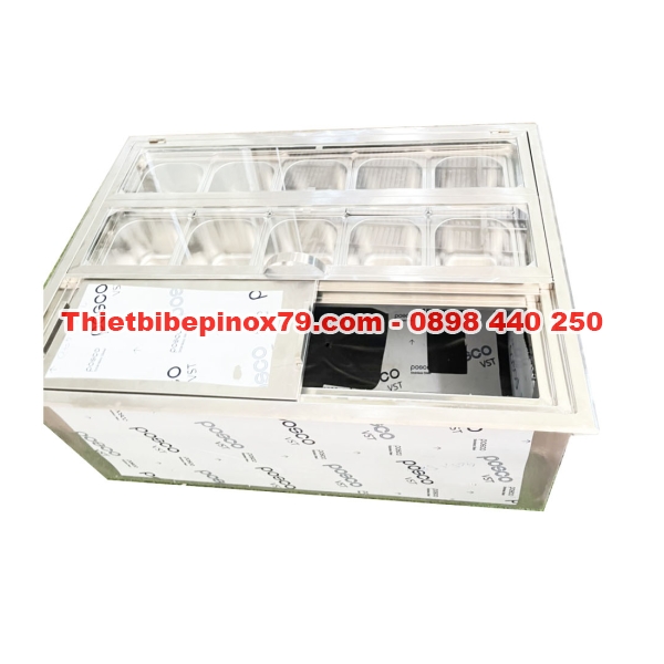 THÙNG ĐÁ INOX 304 ÂM QUẦY CÓ 10 KHAY TOPPING 1.5 LÍT