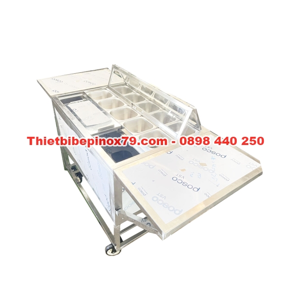 THÙNG ĐÁ INOX 304 CÓ CHÂN KÈM 10 KHAY TOPPING 1/6