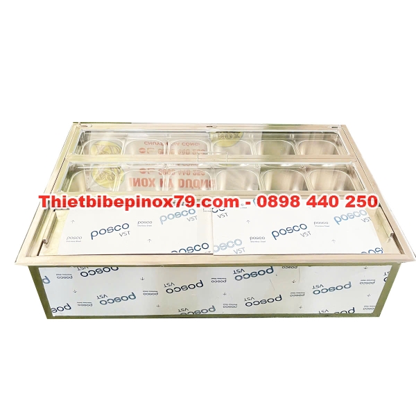 Thùng Đá Inox 12 Khay Topping Để Bàn Kỳ Dương