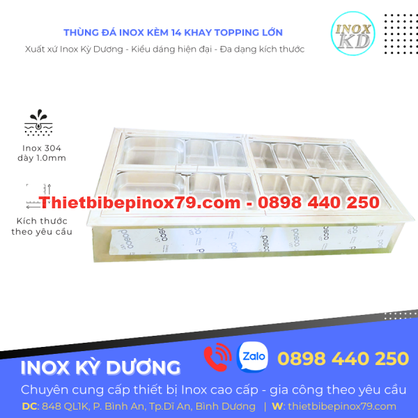 Thùng Đá Inox Kèm 14 Khay Topping Kỳ Dương