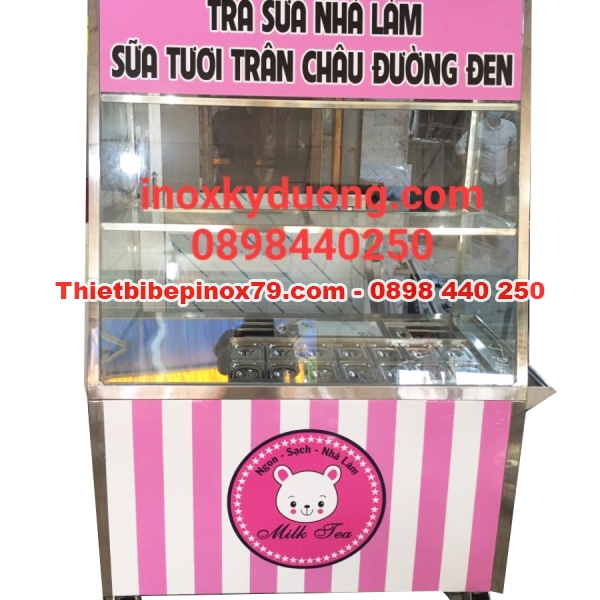 TỦ XE TRÀ SỮA INOX 304 CÓ THÙNG ĐÁ VÀ KHAY TOPPING