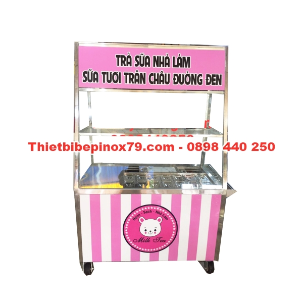 TỦ XE TRÀ SỮA INOX 304 CÓ THÙNG ĐÁ VÀ KHAY TOPPING