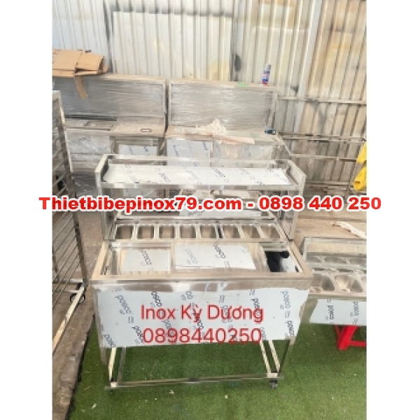 THÙNG ĐÁ INOX 304 CÓ KHAY TOPPING VÀ KỆ TRÊN