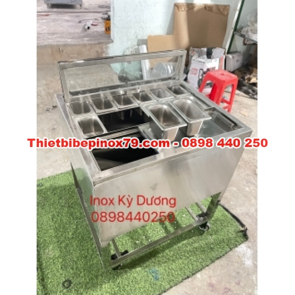 THÙNG ĐÁ INOX 304 CÓ CHÂN BÁNH XE KÈM 12 KHAY TOPPING 1 LÍT