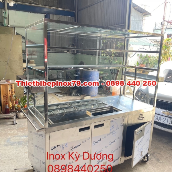 XE TRÀ SỮA INOX 304 CÓ THÙNG ĐÁ ÂM VÀ 12 KHAY TOPPING 1 LÍT RƯỠI