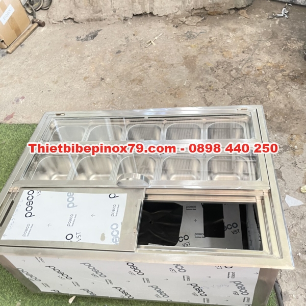 THÙNG ĐÁ INOX 304 ÂM QUẦY CÓ 10 KHAY TOPPING 1.5 LÍT