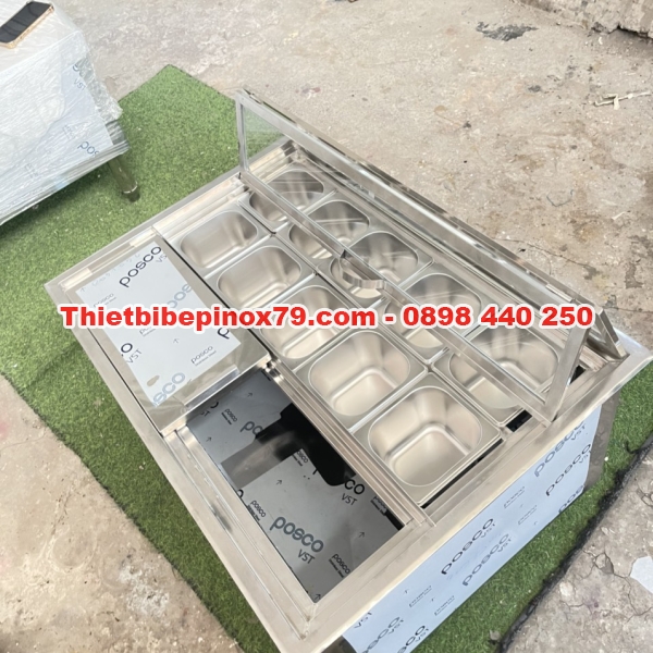 THÙNG ĐÁ INOX 304 ÂM QUẦY CÓ 10 KHAY TOPPING 1.5 LÍT