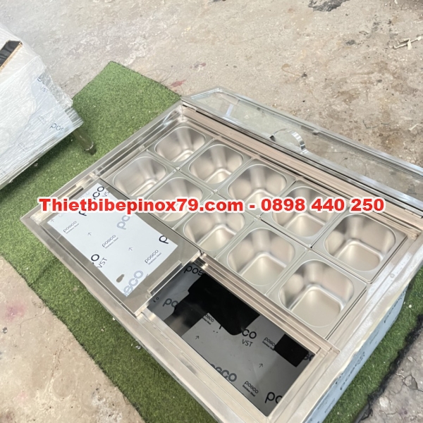 THÙNG ĐÁ INOX 304 ÂM QUẦY CÓ 10 KHAY TOPPING 1.5 LÍT