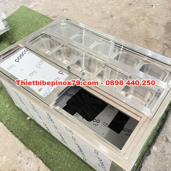 THÙNG ĐÁ INOX 304 ÂM QUẦY CÓ 10 KHAY TOPPING 1.5 LÍT