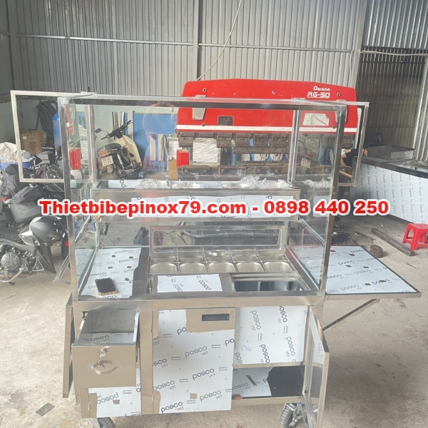XE TRÀ SỮA INOX 304 CÓ THÙNG ĐÁ ÂM VÀ 10 KHAY TOPPING VÀ KHAY ƯỚP LẠNH MỨT TRÁI CÂY
