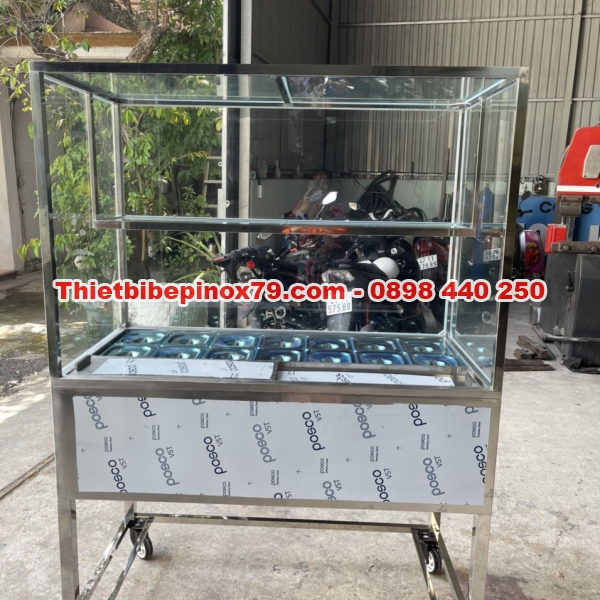 XE TRÀ SỮA INOX 304 NHỎ GỌN CÓ THÙNG ĐÁ ÂM VÀ 14 KHAY TOPPING 1.5 LÍT