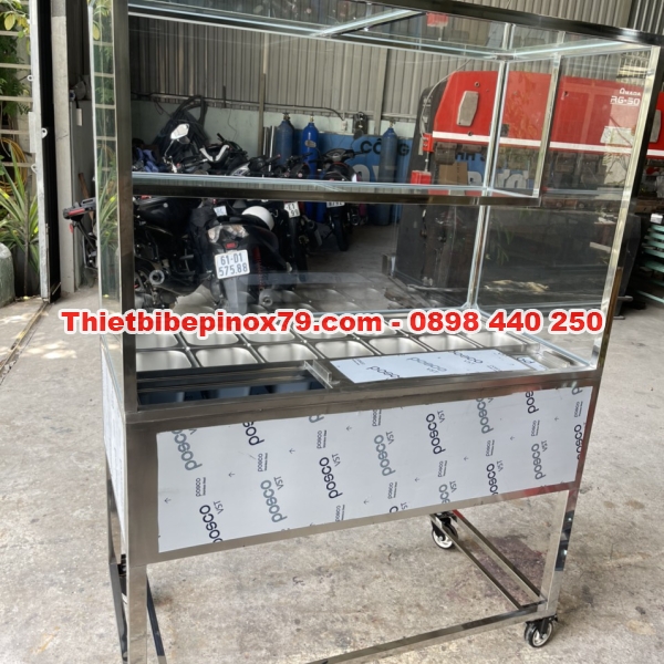 XE TRÀ SỮA INOX 304 NHỎ GỌN CÓ THÙNG ĐÁ ÂM VÀ 14 KHAY TOPPING 1.5 LÍT