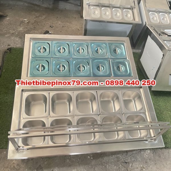 THÙNG ĐÁ INOX 304 GIỮ LẠNH 10 LOẠI TOPPING ÂM MẶT QUẦY