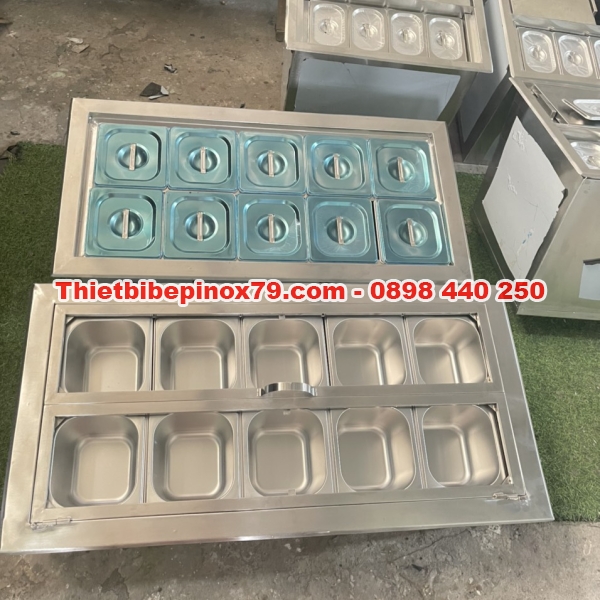THÙNG ĐÁ INOX 304 GIỮ LẠNH 10 LOẠI TOPPING ÂM MẶT QUẦY