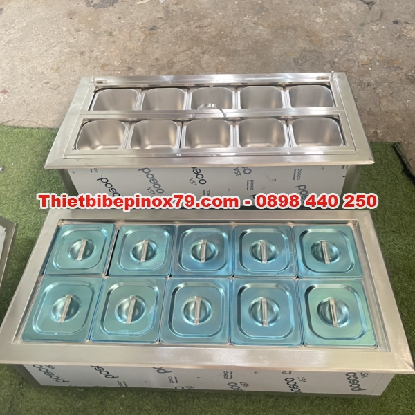 THÙNG ĐÁ INOX 304 GIỮ LẠNH 10 LOẠI TOPPING ÂM MẶT QUẦY