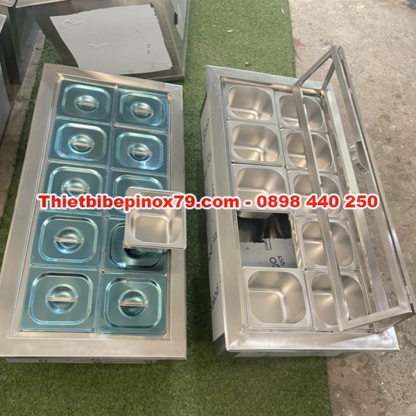 THÙNG ĐÁ INOX 304 GIỮ LẠNH 10 LOẠI TOPPING ÂM MẶT QUẦY