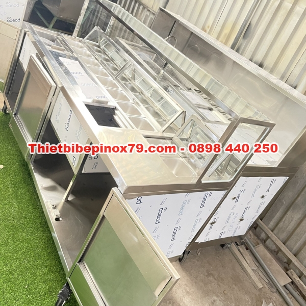TỦ XE TRÀ SỮA INOX 304 CÓ THÙNG ĐÁ VÀ KHAY TOPPING