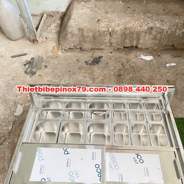 THÙNG ĐÁ INOX 304 ÂM QUẦY CÓ 12 KHAY TOPPING  6 KHAY 1/6 VÀ 6 KHAY 1/9