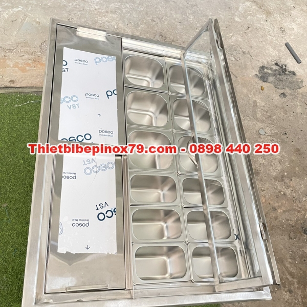 THÙNG ĐÁ INOX 304 ÂM QUẦY CÓ 12 KHAY TOPPING  6 KHAY 1/6 VÀ 6 KHAY 1/9