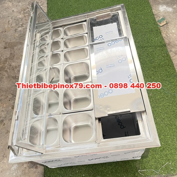 THÙNG ĐÁ INOX 304 ÂM QUẦY CÓ 12 KHAY TOPPING  6 KHAY 1/6 VÀ 6 KHAY 1/9