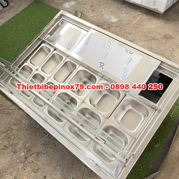 THÙNG ĐÁ INOX 304 ÂM QUẦY CÓ 12 KHAY TOPPING  6 KHAY 1/6 VÀ 6 KHAY 1/9