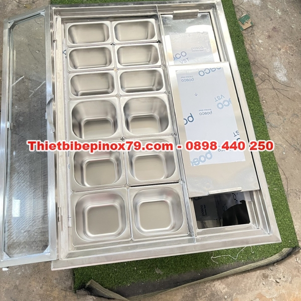 THÙNG ĐÁ INOX 304 ÂM QUẦY CÓ 12 KHAY TOPPING  6 KHAY 1/6 VÀ 6 KHAY 1/9