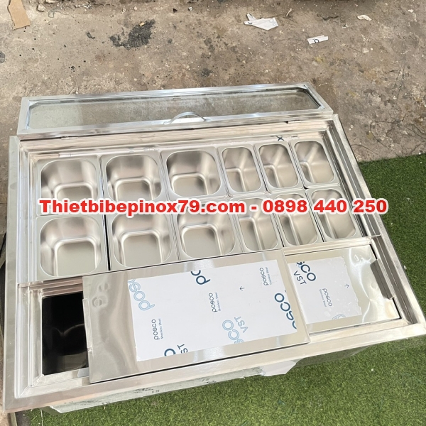 THÙNG ĐÁ INOX 304 ÂM QUẦY CÓ 12 KHAY TOPPING  6 KHAY 1/6 VÀ 6 KHAY 1/9