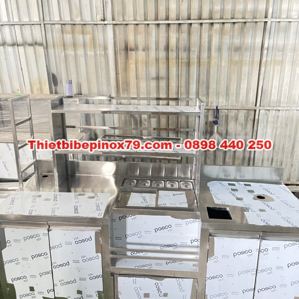QUẦY PHA CHẾ  INOX 304 CÓ THÙNG ĐÁ VÀ KHAY TOPPING