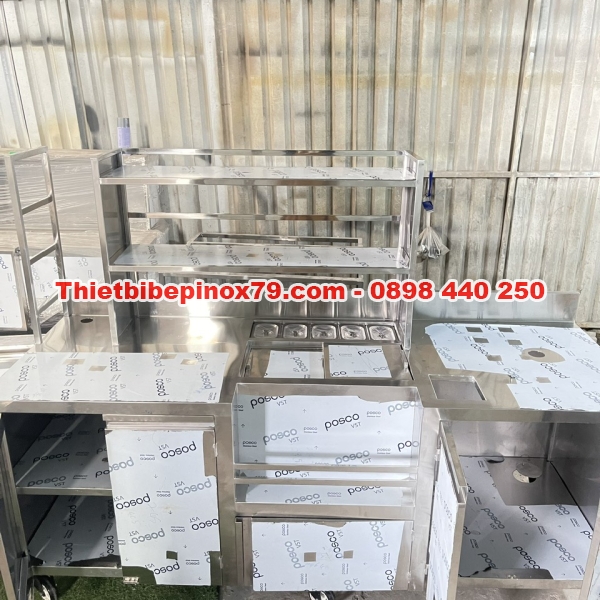 QUẦY PHA CHẾ  INOX 304 CÓ THÙNG ĐÁ VÀ KHAY TOPPING