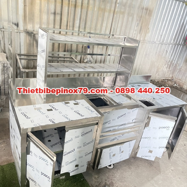 QUẦY PHA CHẾ  INOX 304 CÓ THÙNG ĐÁ VÀ KHAY TOPPING