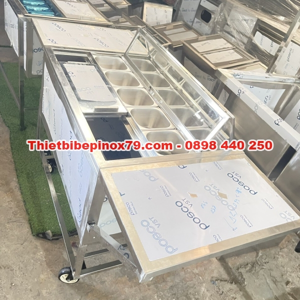 THÙNG ĐÁ INOX 304 CÓ CHÂN KÈM 10 KHAY TOPPING 1/6