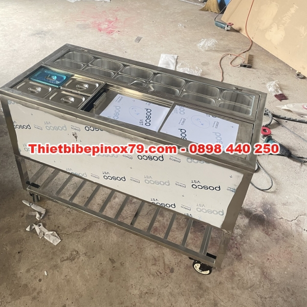 THÙNG ĐÁ INOX CÓ CHÂN BÁNH XE KÈM KỆ SONG DƯỚI